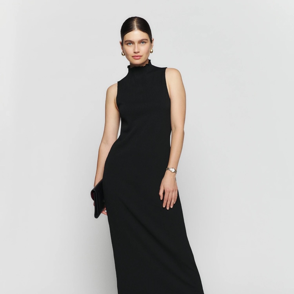 Reformation Black Marbella Midi High Neck Pleated Dress